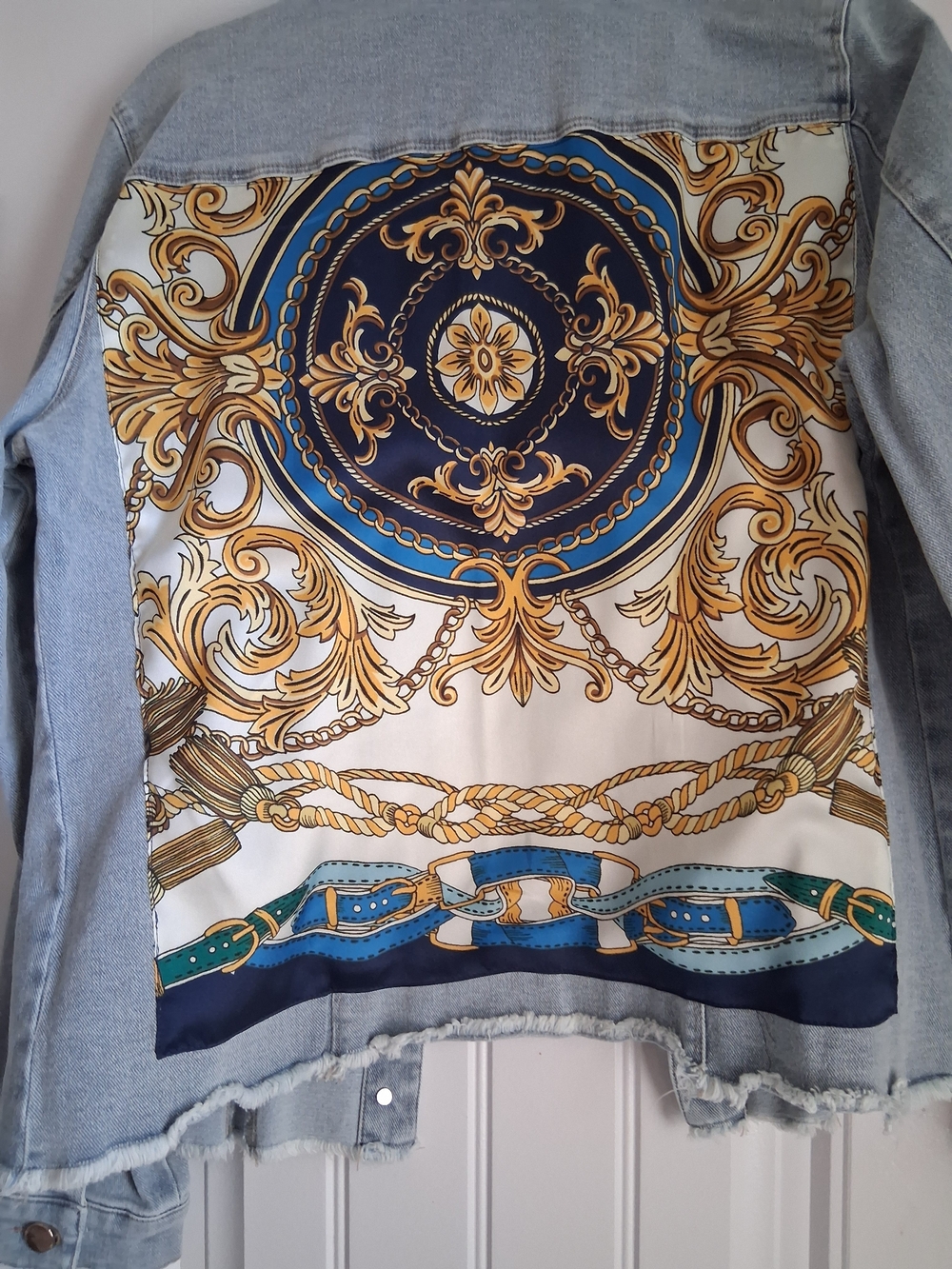Boston Proper Light Wash Denim Jacket with Blue and Gold Scarf Panel